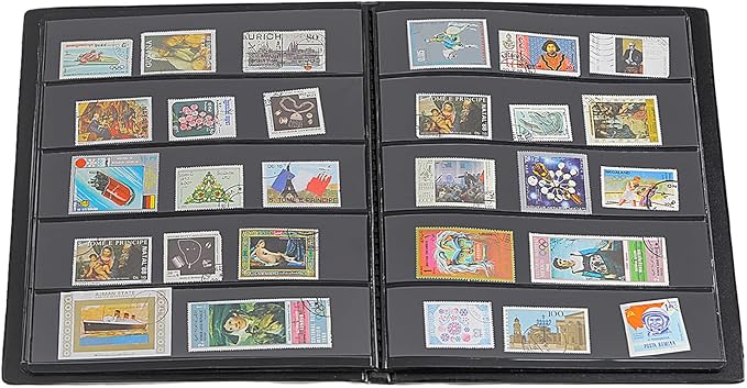 Stamp Albums 100 Pockets - Stockbooks with 50x197mm Sleeves, 10 Double Sided Black Page with Leatherette Padded Black Cover, Collection Storage Folder for Paper Money Postage Stamps AS0105BK