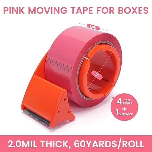 TAPEBEAR Pink Packing Tape with Dispenser, 1.88 Inch x 60 Yards Packaging Tape, 4 Refills Rolls Cute Decorative Moving Tape for Boxes, Shipping and Sealing
