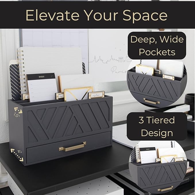 BLU MONACO | Grey Three-Tier Desktop Mail Organizer with Gold Label Holders & Drawer | Stylish Mail Holder and Countertop Document Storage for Home or Office