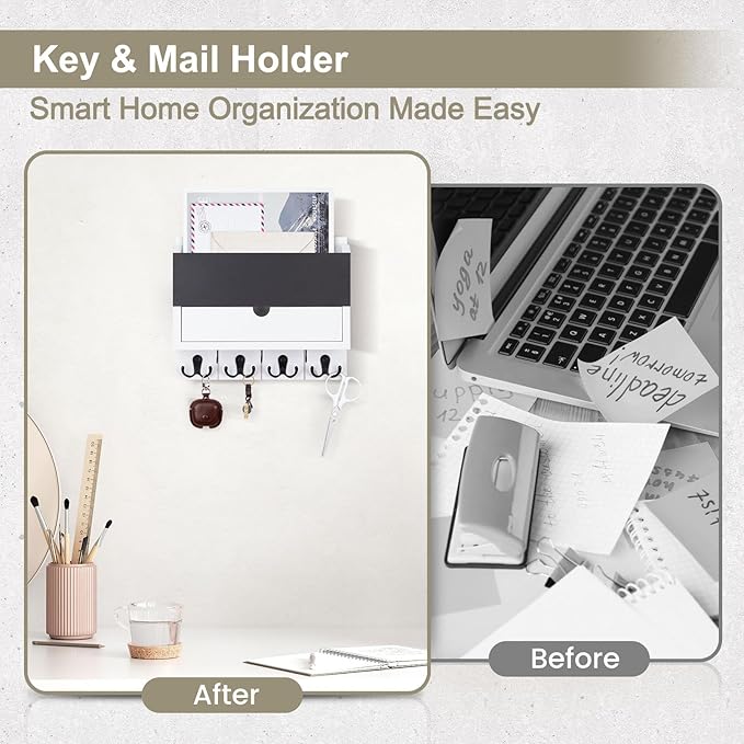 Lucundm Mail and Key Holder Wall Mount with Storage Drawer – Modern Wooden Mail Organizer for Wall Entryway, 7 Key Hooks & Chalkboard Panel – Stylish Home Decor for Apartments, Living Room, Office