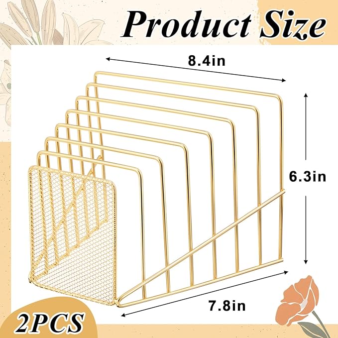 2 Pcs 7 Section Incline File Sorter Metal Wire Mesh File Rack for Desktop Letter Sorter for Magazine Folder Book Organizer Home Office School Paper Mail Desk Storage Holder (Golden)