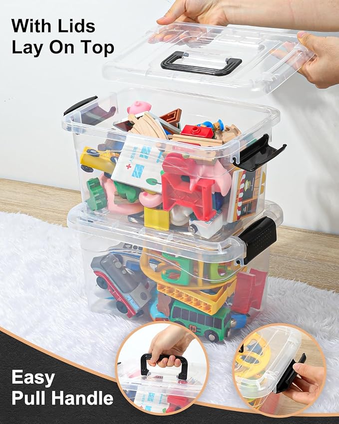 EOENVIVS Plastic Storage Bins 7 Quart-Storage Organizer Bins with Black Buckle Lids, Stackable Storage Bins with Lids for Home Office Kids Room Closet School Art Organization