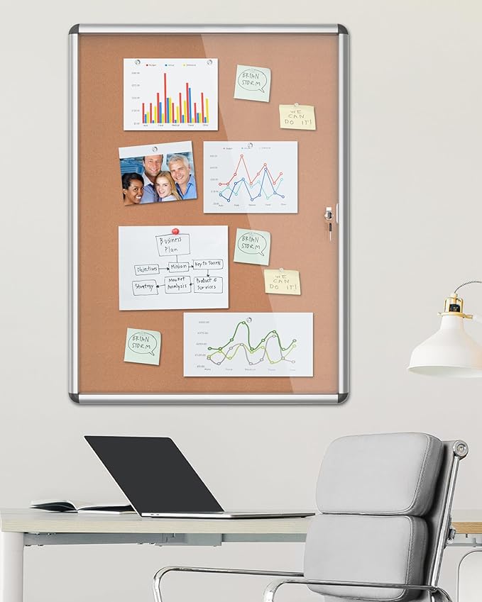 Mifuro 38"x28" Enclosed Bulletin Board, Lockable Weather-Resistant Aluminum Cork Noticeboard for School & Office, Silver Frame w/Cork