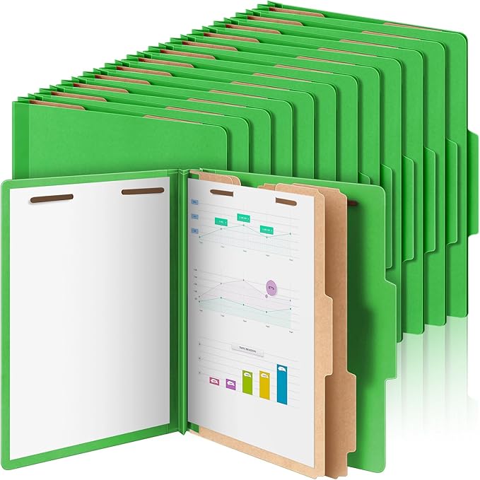 Skyygemm 48 Pcs Classification Folders Letter Size, 2 Divider Pressboard File Folders with 3. 5 Inch Expansion, 2 Prongs Fastener, Heavy Duty Office File Organizers for Teachers, Medical (Green)