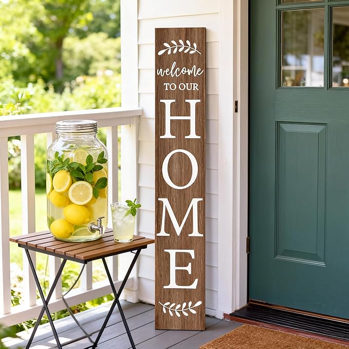 Welcome Sign for Front Porch, 47" Large Wooden Welcome to Our Home Sign Door Hanging Standing Plaque, Farmhouse Vertical Outdoor Porch Decorations for Yard Patio Entrance (Natural)