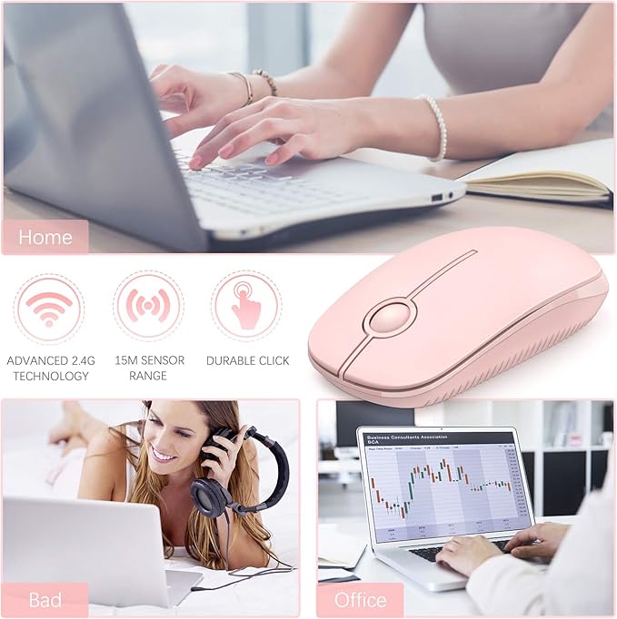 VssoPlor Wireless Mouse, 2.4G Slim Portable Computer Laptop Mouse with Nano Receiver Quiet Silent Optical Mice for Notebook, PC, Laptop, Computer-Pure Pink