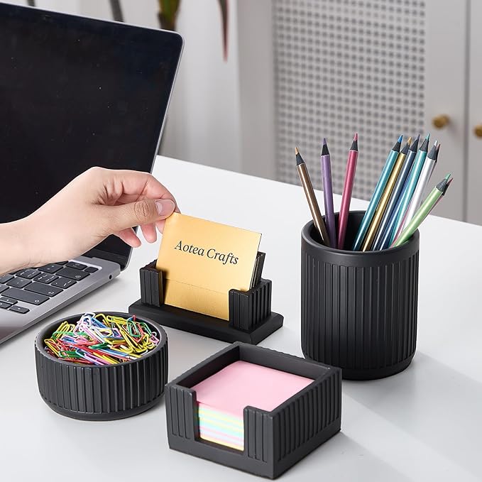 Set of 4 - Concrete Desk Accessories For Modern, Industrial, Minimalist Office Decor- Aesthetic Desk Organizers Accessories For Women or Men- Pen, Business Card Holder & Sticky Note, Paper Clip Holder