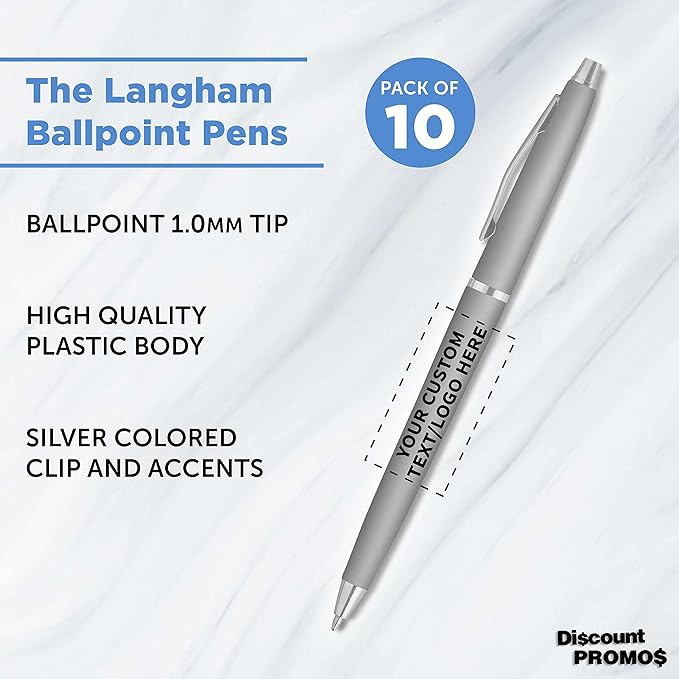 DISCOUNT PROMOS Custom Langham Ballpoint Pens Set of 10, Personalized Bulk Pack - Black Ink, Great for Office, School, Business, Tradeshows - Silver