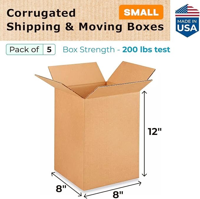Small Moving & Shipping Boxes 8"L x 8"W x 12"H (25-Pack) - Extra Strength 200 lb vs Regular - Corrugated Durable Packing Boxes - Small Box for Moving - Corrugated Cardboard Box by IDL Packaging