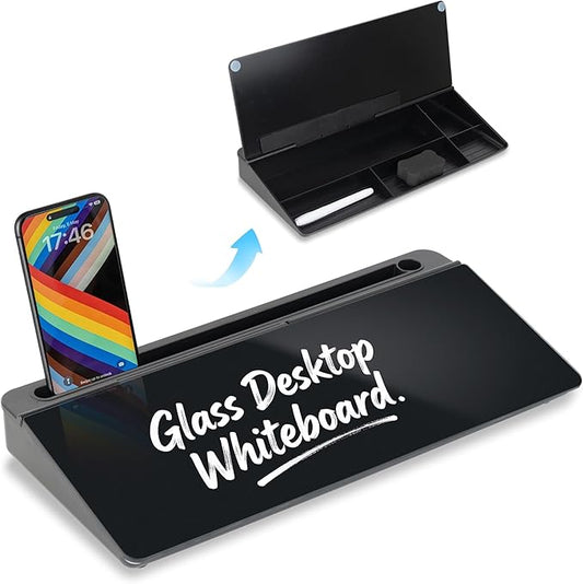 Glass Desktop Whiteboard 15.8×7”, Dry Erase Note Memo Board, Desk Organizer with Storage for Desk, Office, School Supplies, Black, 2026