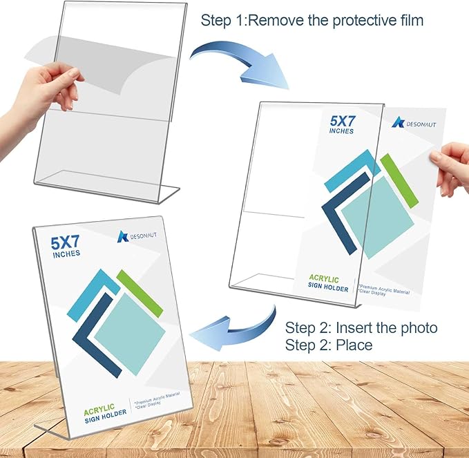DESONAUT 8 Pack Slant Back Acrylic Sign Holder 5x7 inches, Clear Plastic Picture Frames, Desktop Tabletop Flyer Menu Holder Document Holder Paper Display Stand（Vertical）