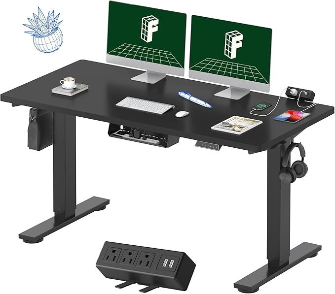 FLEXISPOT EN2 Whole-Piece Standing Desk with Clamp Power Strip, 55 x 28” Electric Stand Up Height Adjustable Desk with Cable Management (Black Frame + 55" Black Top, 2 Packages)