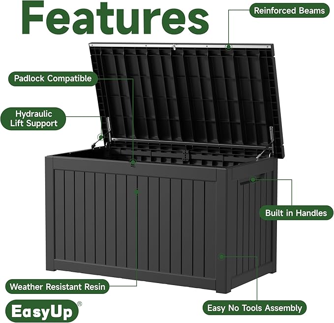 EasyUp 280 Gallon Deck Boxes Waterproof, Outdoor Large Storage Boxes with Lids, Outside Resin Storage Box & Deck Boxes for Patio, Garden Use(Black)