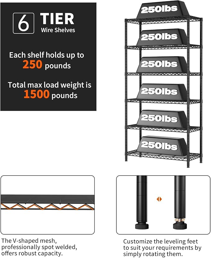 SINGAYE 6 Tier Shelf Organizer Storage Metal Shelves Garage Wire Shelving Unit Pantry Rack Shelves Bathroom Organizers and Shelf Closet Metal Kitchen 36" Dx14 Wx72 H Black