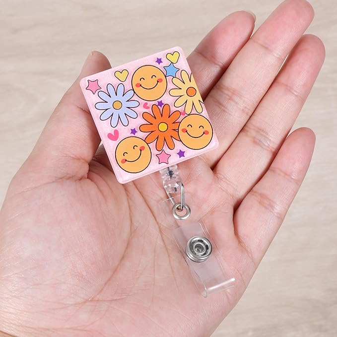 Pink Smiley Face Flower Funny Nurse Badge Reel, Cute Retractable ID Card Pediatric Badge Holder, Name Tag Badge Buddy for RN LPN CNA MA PCA Nurse Nursing Student Teacher Doctor Medical Social Workers