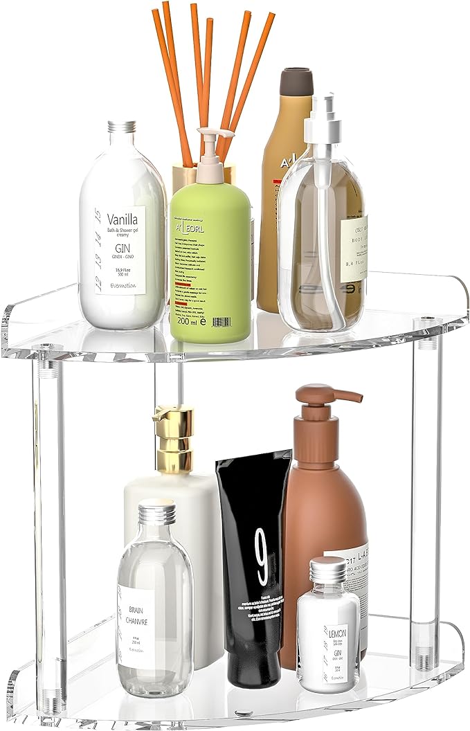 Sezanrpt 2 Tier Countertop Corner Organizer Shelf 7x7x8 Inch, Acrylic Bathroom Organizer Corner Shelf for Countertop, Clear Vanity Storage Organizer for Skincare, Cosmetics, Perfume
