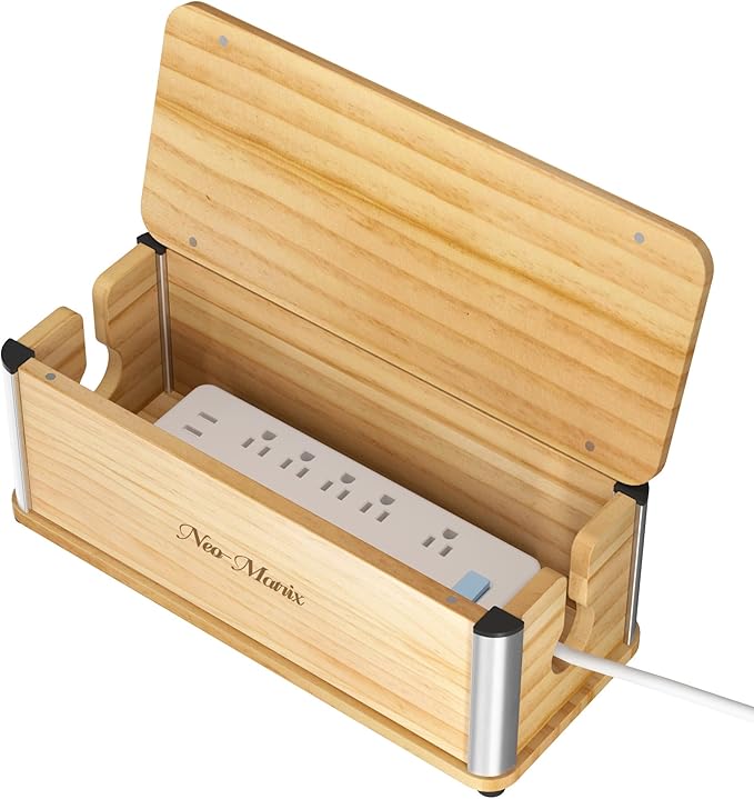 Delamu Wooden Cable Management Box, Retro-Inspired Look Desk Cord Organizer Box for Home Office, Large Cable Organizer Hides Cords and Power Strips, Power Strip Cover, 14.3" x 6.0" x 5.5", White