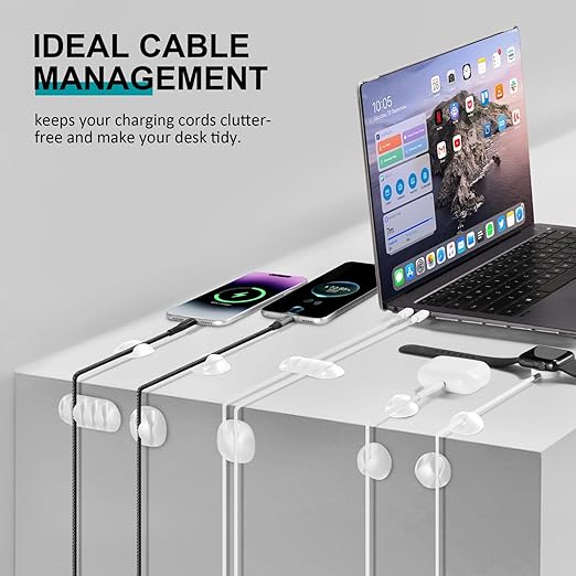 16Pack White Desk Cable Management,Adjustable Cord Organizer Cable Clips,Cable Organizer for Cords Phone Charger/PC/TV,Ideal Cord Holder for Nightstand/Wall/Desk/Office/Home/Car