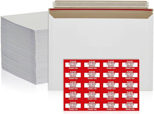 100 Pack 9.5 x 12.5 Inches Rigid Mailers – Self Adhesive White Cardboard Envelopes – Used as Mailing Supplies for Documents, Photos, CDs, Magazines, and Literature