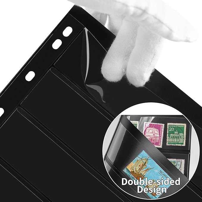 10 Sheets 20 Pages Postage Stamp Album Pages, 7 Pockets 7.7X 1.35in Stamp Collection Inserts, 9 Hole Standard Stamp Collecting Album Sleeves for Stamp Collection Binder IS010710