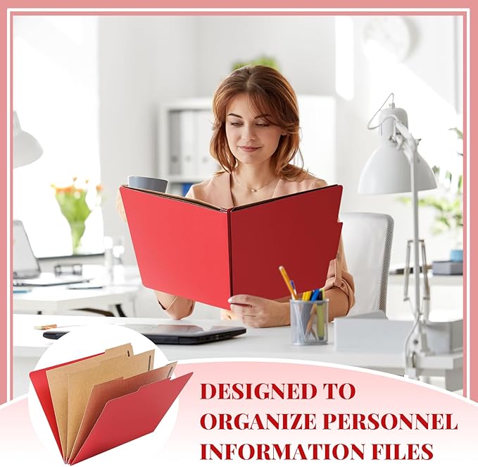 12 Pcs Classification Folders Letter Size 3 Pocket Dividers Employee File Folder with 2 Prongs Fasteners, 2 in Expansion Heavy Duty Pressboard File Holder for School Office Medical Document(Red)