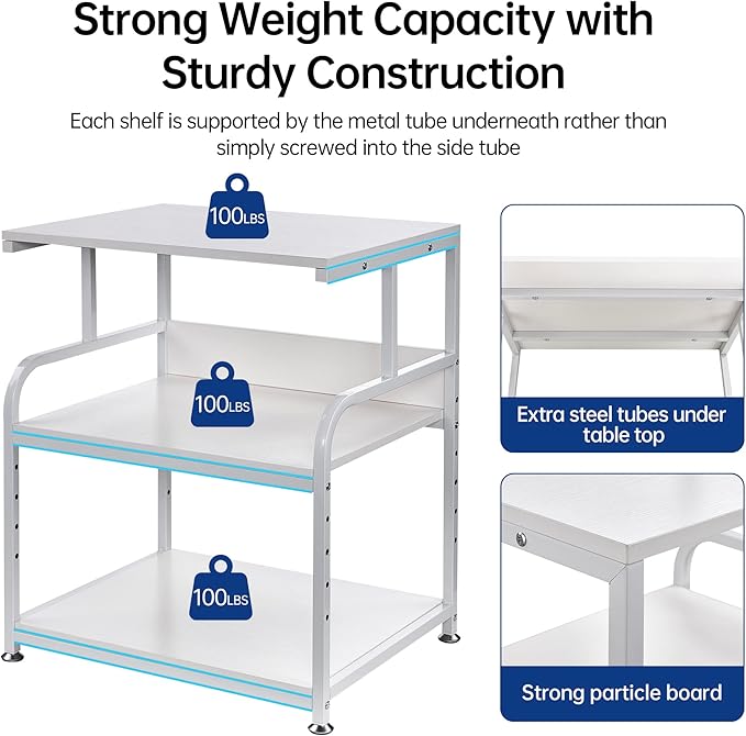 Fannova White Printer Stand, 23.6 x18.9 x 30 Inches Big Size Printer Table with Adjustable Shelf, 3 Tier Rolling Printer Cart with Wheels for Home Office Storage and Organization
