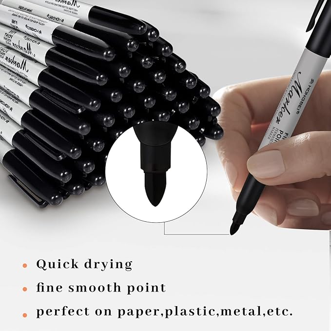 Thenshop 160 Pack Black Permanent Markers Bulk - Fine Point Permanent Marker Quick Drying Waterproof Pens for Doodling Writing Marking Classroom Work on Wood Metal Stone Glass, Office School Supplies