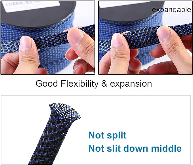 25ft - 1/4 inch PET Expandable Braided Sleeving – BlackBlue – Alex Tech Braided Cable Sleeve