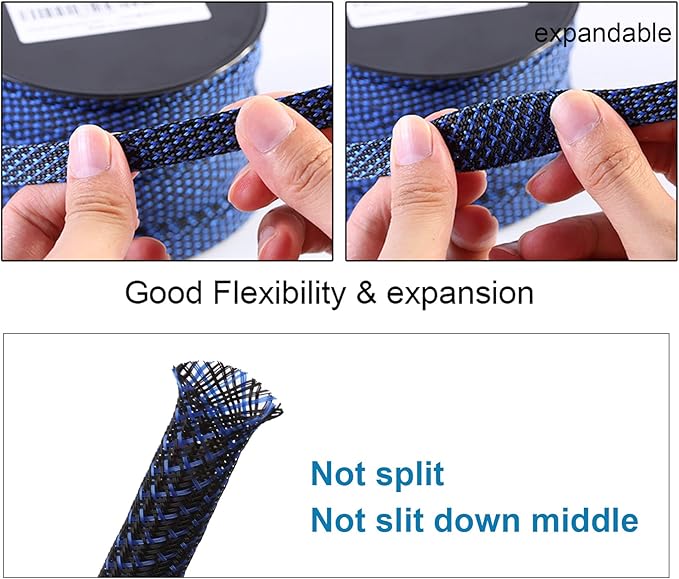 100ft - 1 inch PET Expandable Braided Sleeving – BlackBlue – Alex Tech Braided Cable Sleeve