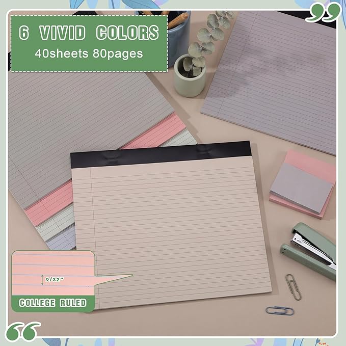 Lincia 6 Pcs 11" x 9.5" Legal Pads College Ruled Notepad Landscape Notebook Horizontal Lined Notebook 80 Gsm Assorted Colors Paper Pastel Writing Pads for School Office, 40 Sheet (Aesthetic Color)