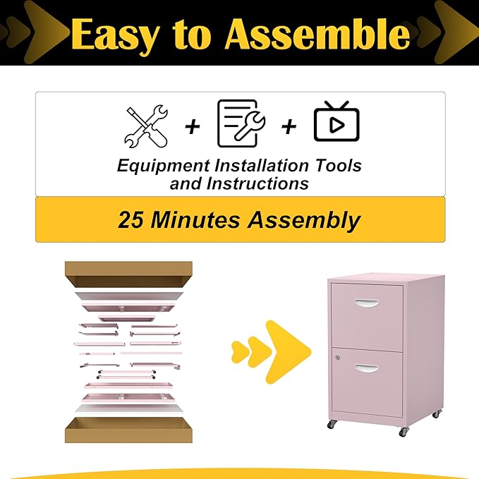 SteeLoong 2 Drawer File Cabinet with Lock，Pink Rolling File Cabinet for Home Office, Metal Small Mobile Filing Cabinets on Wheels for Hanging Letter
