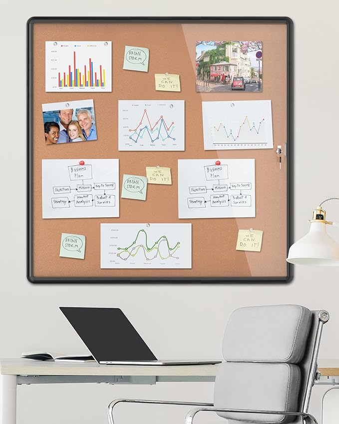 Mifuro 38"x38" Enclosed Bulletin Board, Lockable Weather-Resistant Aluminum Cork Noticeboard for School & Office, Black Frame w/Cork