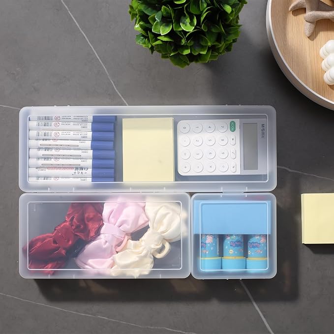 novelinks Stackable Plastic Clear Storage Box Containers with Latching Lid - Art Craft Supply Organizer Storage Containers for Pencil Box, Crayon, Beads (3 Small + 3 Medium + 3 Large -Clear)