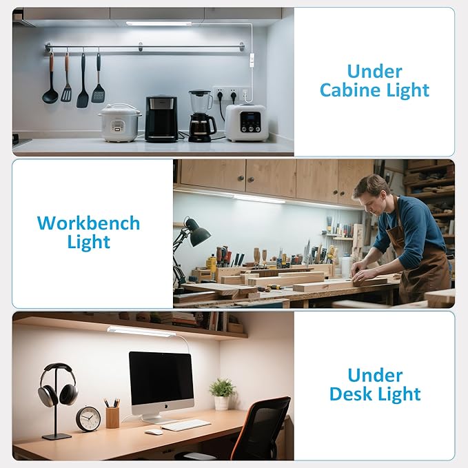 maylit Under Cabinet Lighting Plug in, 4 Pcs 14 Inch Linkable Ultra Bright LED Light Bars, Renter Friendly Lamp, Wired Indoor Lights for Kitchen Cabinet, Counter, Workbench, Desk, Shelf, Cool White