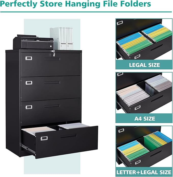 MIIIKO 4 Drawer Lateral File Cabinet with Lock, White Lateral Filing Cabinet, Large Deep Drawers Locked by Keys, Metal Storage File Cabinet for Hanging Files Letter/Legal/F4/A4 Size