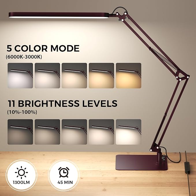 SKYLEO LED Desk Lamp with Slim Base - Adjustable Swing Arm Desk Light, Dimmable, Timer, Eye Protection, Memory Function, 1300LM, 12W, Red