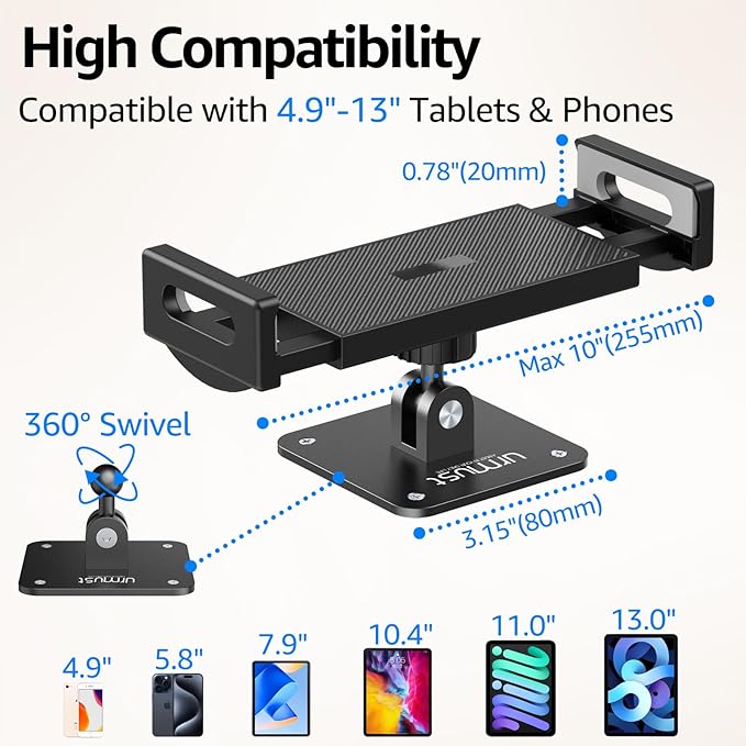 Urmust Universal Tablet Wall Mount Holder, 360° Adjustable, for 4.7-13" Devices, iPad, Galaxy Tab,Sturdy Aluminum Wall Phone Holder, ipad Wall Mount for Home, Office & Public Spaces
