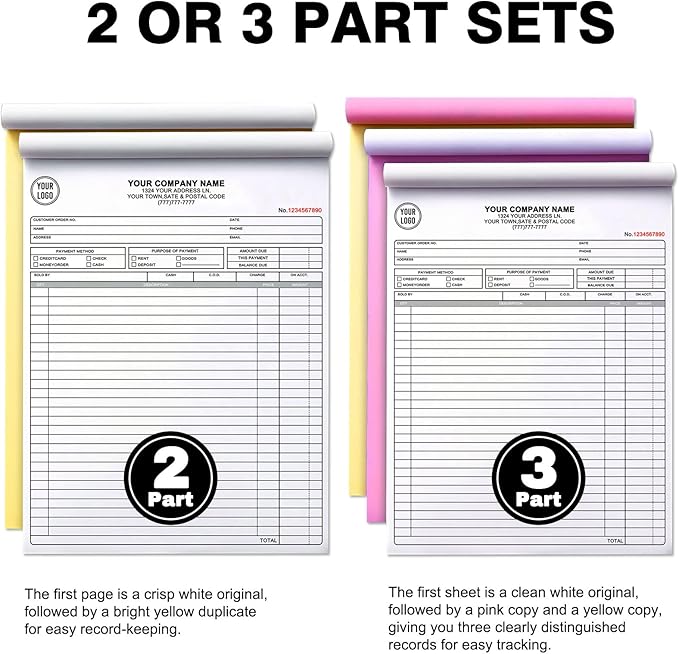Custom Invoice Book with Logo 50 Set Personalized Receipt Books Customized Invoices for Small Business 3 - Parts Carbonless Duplicate Invoice Forms NCR Books