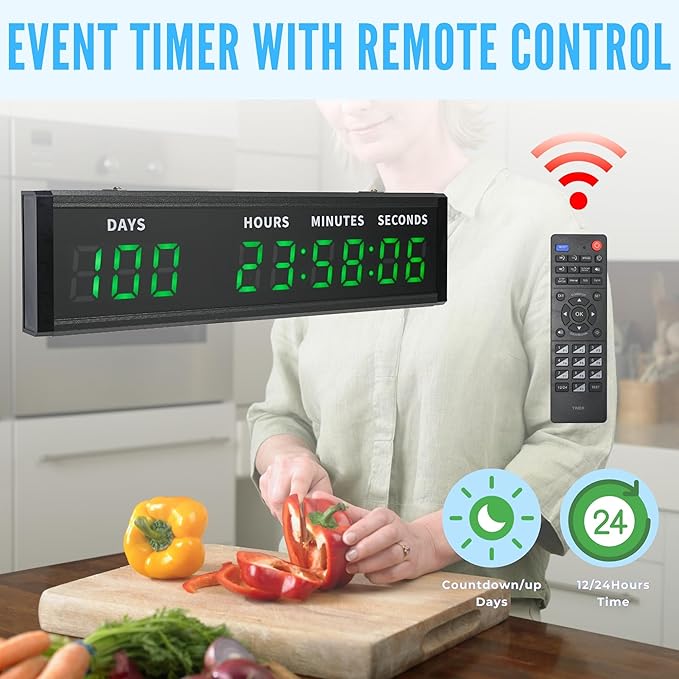 Large Display Digital Countdown Clock, LED Large Display Count Up/Count Down Timer, 999 Days Countdown Calendar for Christmas Retirement Birthday Event Timer with Remote Control (Green)