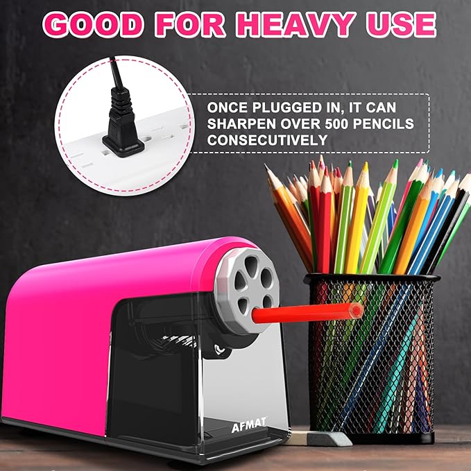 AFMAT PSX2 Electric Pencil Sharpener Heavy Duty, 6 Holes, Auto Stop Pencil Sharpeners for School, Classroom Electric Sharpener for 6-11mm Colored Pencils, Super Fast, 7000 Sharpenings, Pink