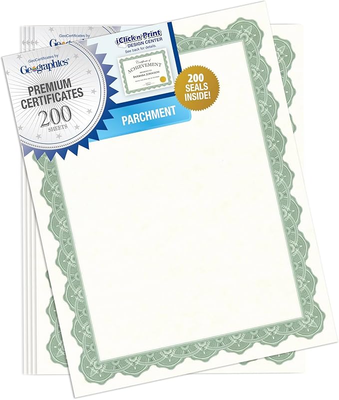 Geographics® 30% Recycled Blank Parchment Certificates, 8 1/2" x 11", Optima Green, Pack of 200