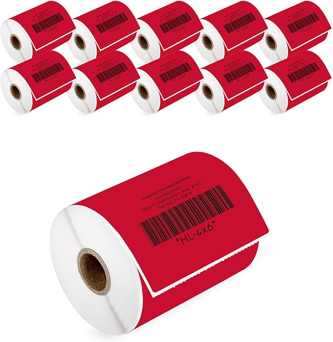 HOUSELABELS 4" x 6" Red Shipping Labels on 1" Core Compatible with Zebra and Rollo Printers, 11 Rolls / 250 Labels per Roll
