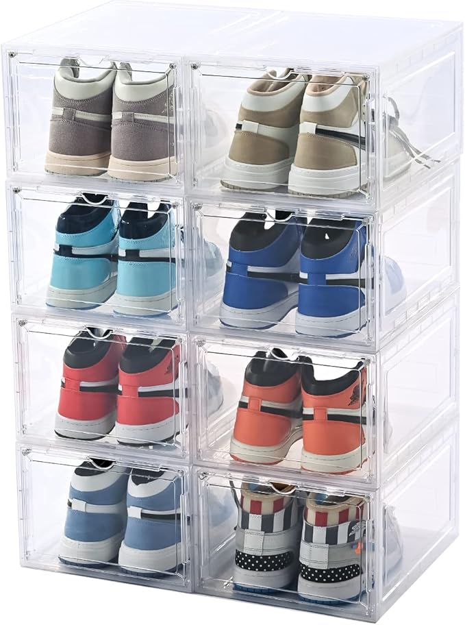 KEFA 8 Pack US 15 XXL Clear Shoe Storage Boxes Stackable, Shoe Organizer Clear Plastic Shoe Boxes, Shoe Case