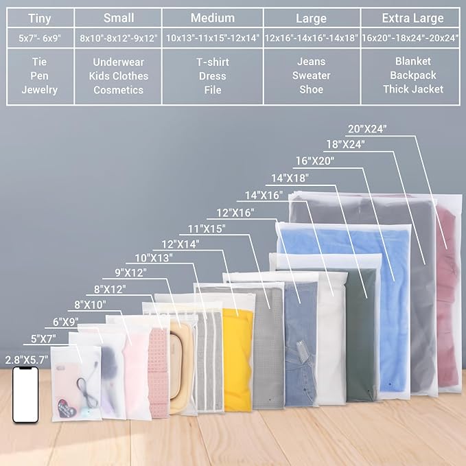 Svaldo 50 Pack 14"x16" Frosted Poly Plastic Bags Ziplock, Zipper Packaging Bags for Clothing, T-Shirts, Clothes Storage, Garment Packaging, Shipping, Mailing, Travel, Closet Organizer, 3 Mil Thick
