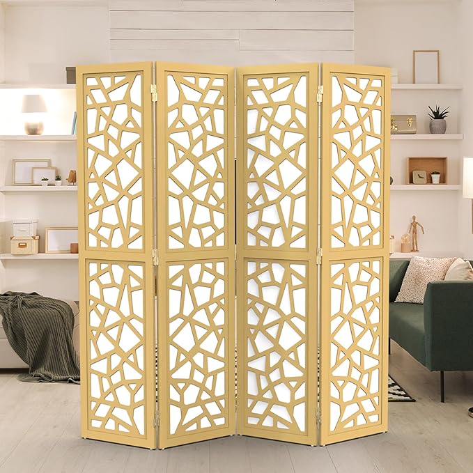 VINGLI 70'' H Room Divider, Non-Woven Fabric Privacy Screen, Indoor Partition Wall Dividers, Freestanding Hinged Space Separator with Modern Unique Pattern (Gold, 4 Panel)