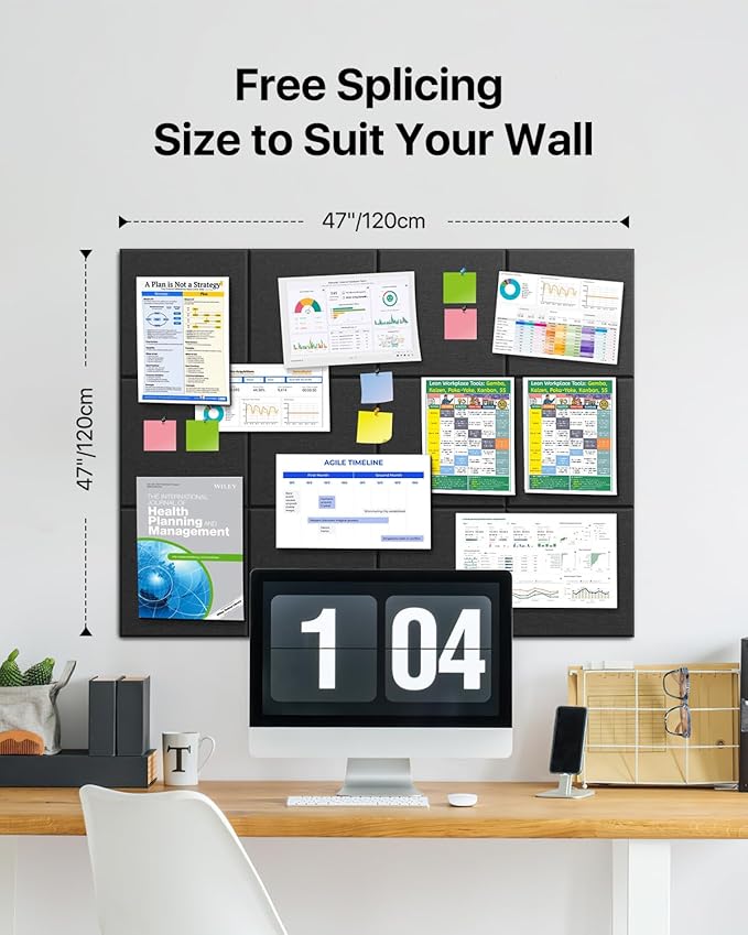 Large Cork Boards for Walls, 47"x35" Bulletin Board, 12-Pack Felt Wall Tiles with 60 Adhesive Tabs, Cork Boards for Office Decor, Felt Board Alternative Pin Board