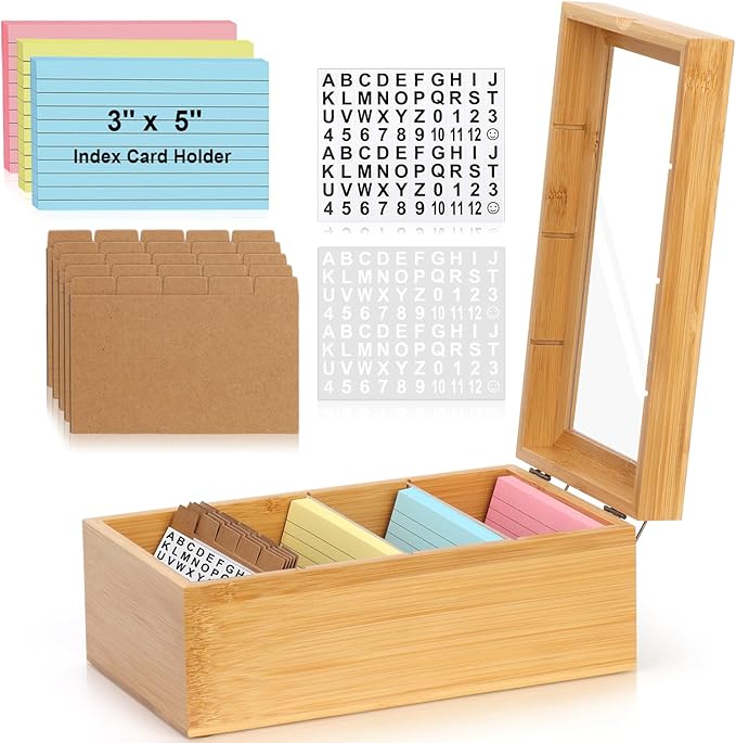 3x5 Index Card Holder with Dividers Bamboo Index Card Organizer Index Card Storage Box 150 Index Flash Cards 25 Index Cards Dividers 2 Letter Smile Stickers for Office Business Home (3 x 5 Inches)