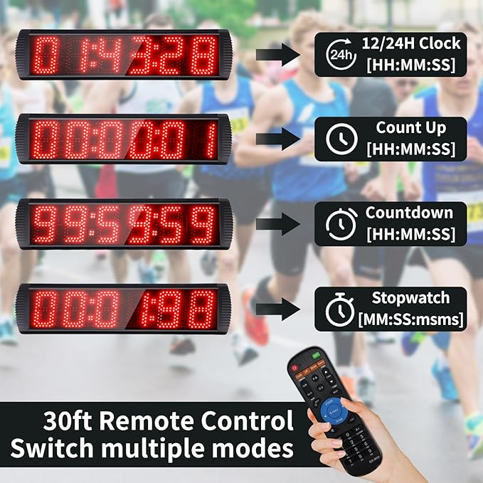 5 Inch 6-Digit LED Race Timer, Running Event Gym Timer for Countdown/Count Up, 12/24 Hour Real Time, Stopwatch with Remote Control, Portable Large Wall Clock（Button）