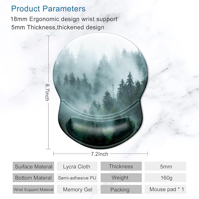 ITNRSIIET Ergonomic Mouse Pad with Gel Wrist Support Small Wrist Rest Smooth Surface Non-Slip PU Base Comfortable Office Supplies Pain Relief, 8.7 x 7.2 inches, Fog Forest
