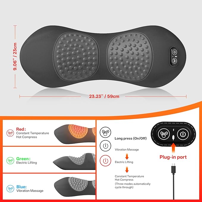 SUDAHIA 3-in-1 Electric Lumbar Support Pillow for Bed and Chair, Triple Fusion Back Massager with Heated, Vibration and Traction for Lower Back Pain Relief and Spine Support
